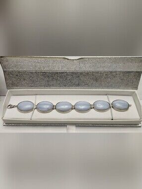 Vintage Mexico Blue Lace Agate Oval Link Bracelet Sterling Silver